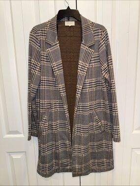 MELLODAY Gray and Tan Plaid Open-Front Blazer